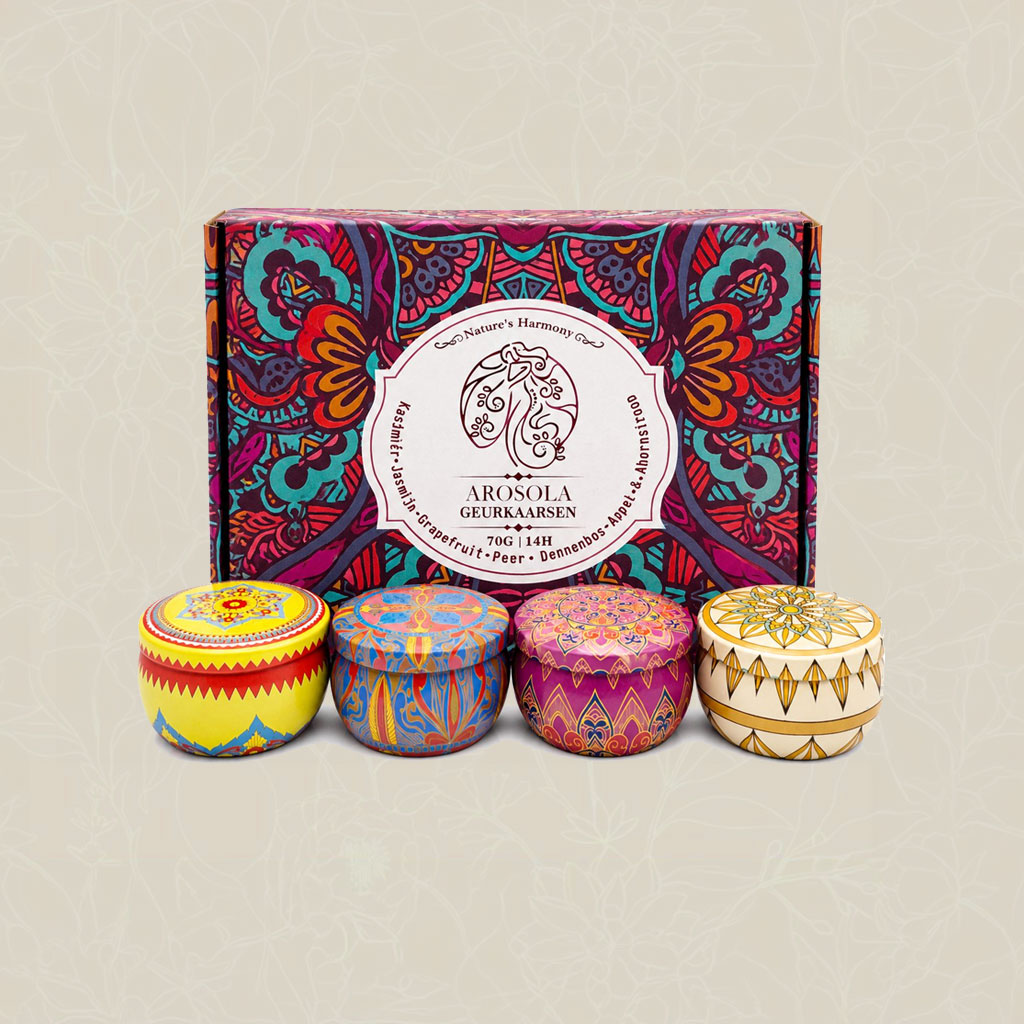 Arosola Nature’s Harmony Geurkaarsen Set – 4 Stuks – 4 Natuurlijke Geuren – 50 Branduren – Luxe Cadeaudoos
