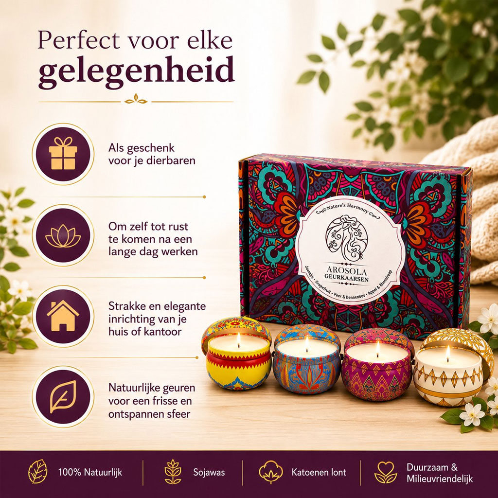 Arosola Nature’s Harmony Geurkaarsen Set – 4 Stuks – 4 Natuurlijke Geuren – 50 Branduren – Luxe Cadeaudoos - Afbeelding 5