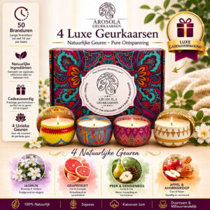 Arosola Nature’s Harmony Geurkaarsen Set – 4 Stuks – 4 Natuurlijke Geuren – 50 Branduren – Luxe Cadeaudoos - Afbeelding 4