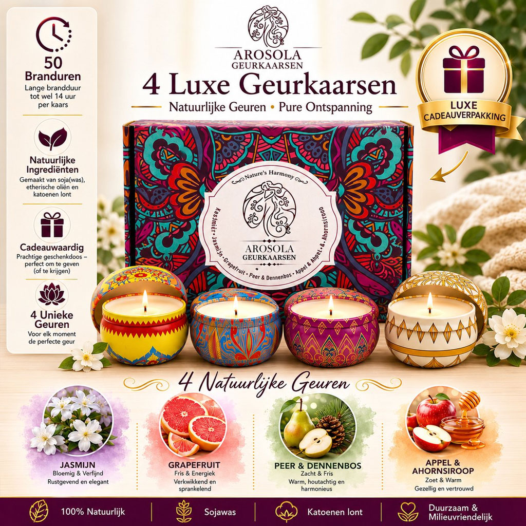 Arosola Nature’s Harmony Geurkaarsen Set – 4 Stuks – 4 Natuurlijke Geuren – 50 Branduren – Luxe Cadeaudoos - Afbeelding 4