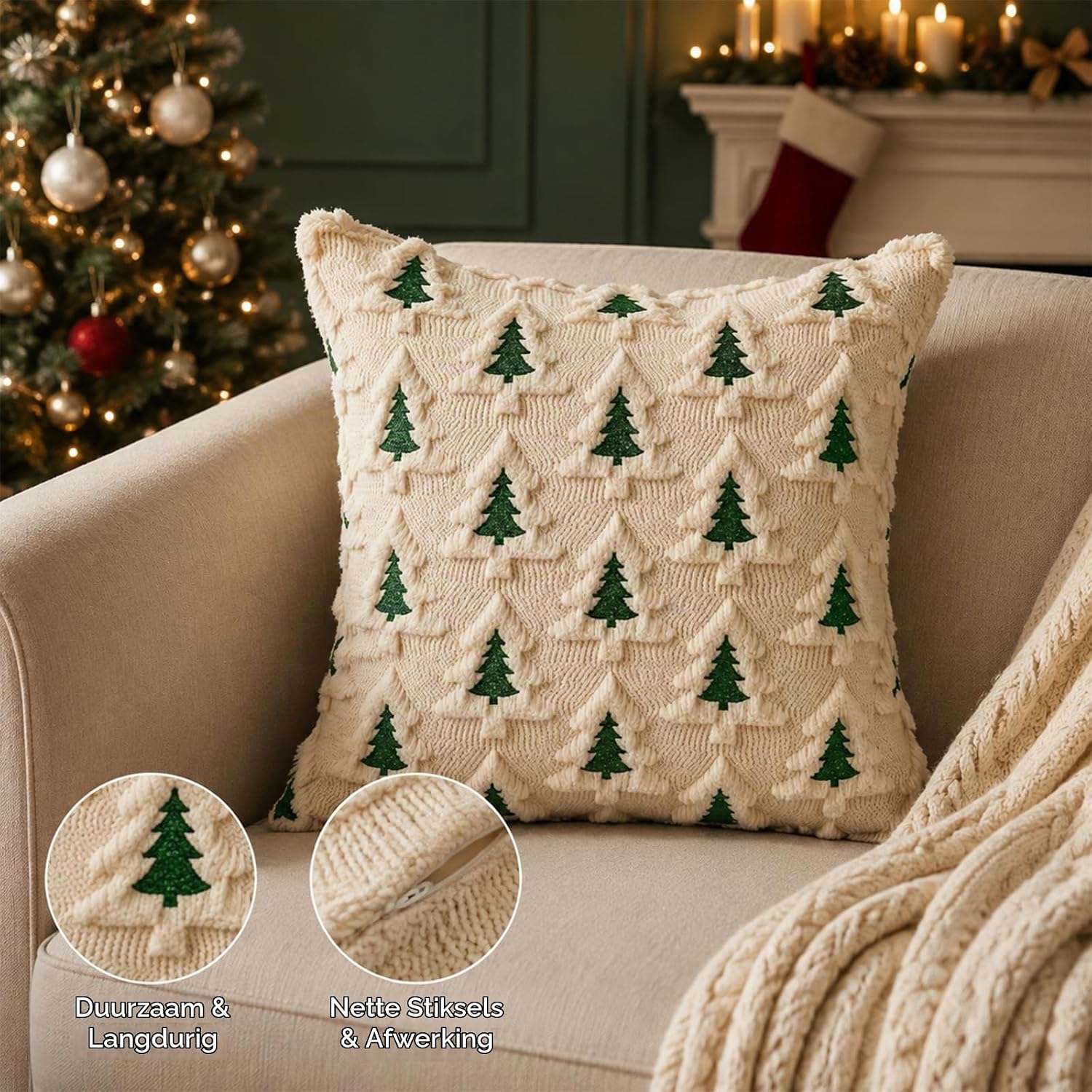 Beige kerstkussenhoezen, set á 2 stuks, zacht pluche, 45x45 cm met verborgen ritssluiting - Afbeelding 3