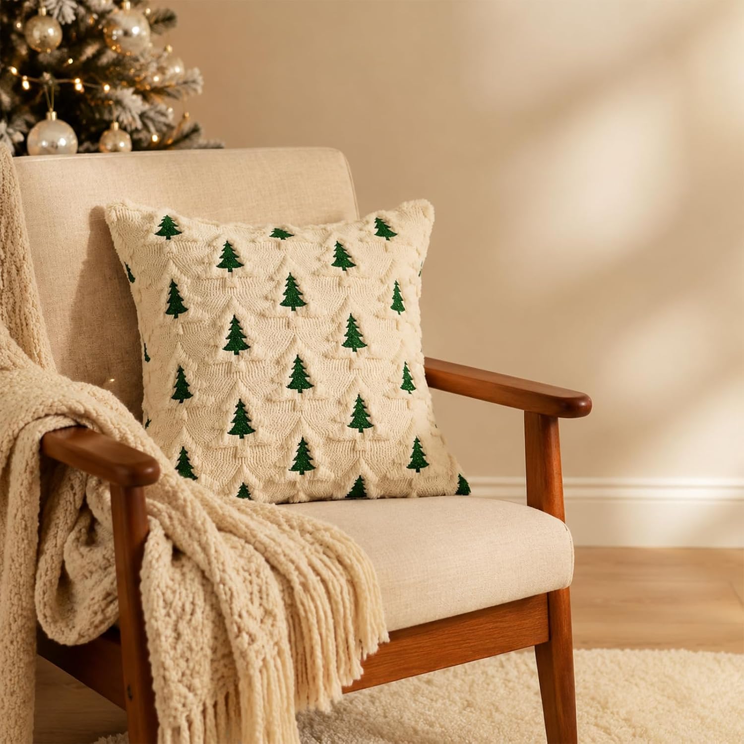 Beige kerstkussenhoezen, set á 2 stuks, zacht pluche, 45x45 cm met verborgen ritssluiting - Afbeelding 4