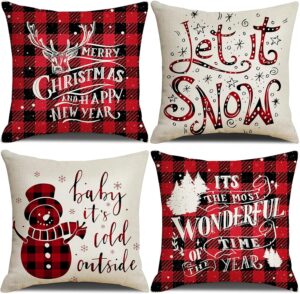 Bigqin Kerst Kussenhoezen 45x45 cm – Set van 4 Kerstkussenhoezen met Sneeuwpoppen en Rood Ruitpatroon