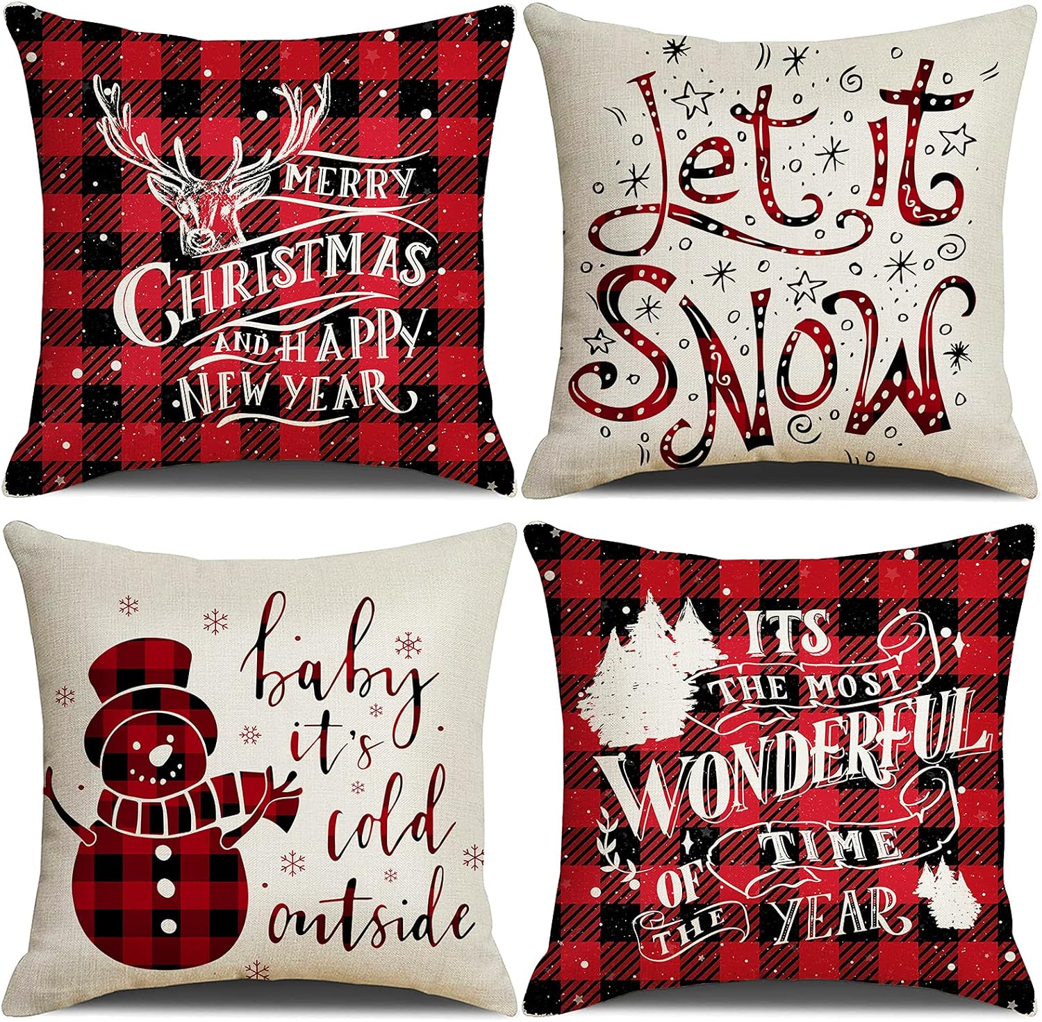 Bigqin Kerst Kussenhoezen 45x45 cm – Set van 4 Kerstkussenhoezen met Sneeuwpoppen en Rood Ruitpatroon