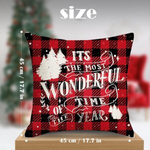 Bigqin Kerst Kussenhoezen 45x45 cm – Set van 4 Kerstkussenhoezen met Sneeuwpoppen en Rood Ruitpatroon - Afbeelding 2