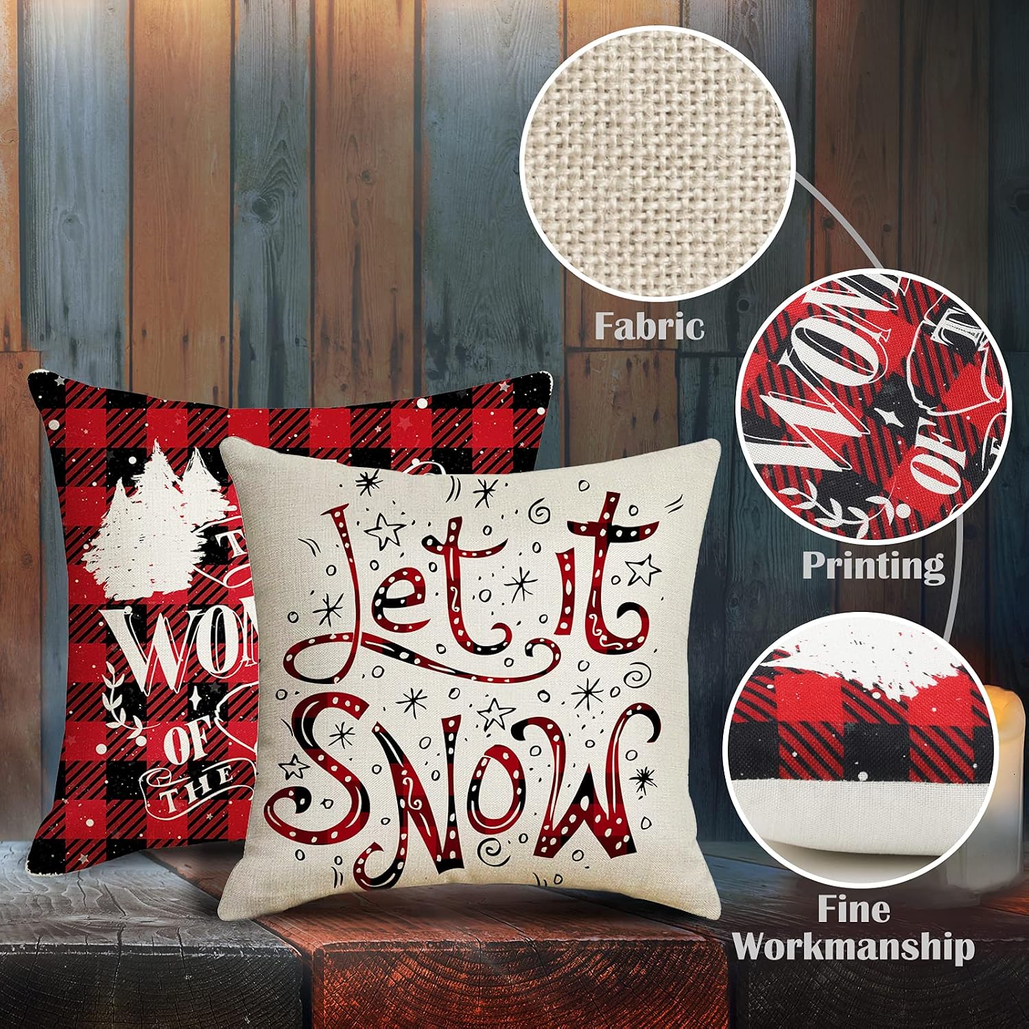 Bigqin Kerst Kussenhoezen 45x45 cm – Set van 4 Kerstkussenhoezen met Sneeuwpoppen en Rood Ruitpatroon - Afbeelding 5