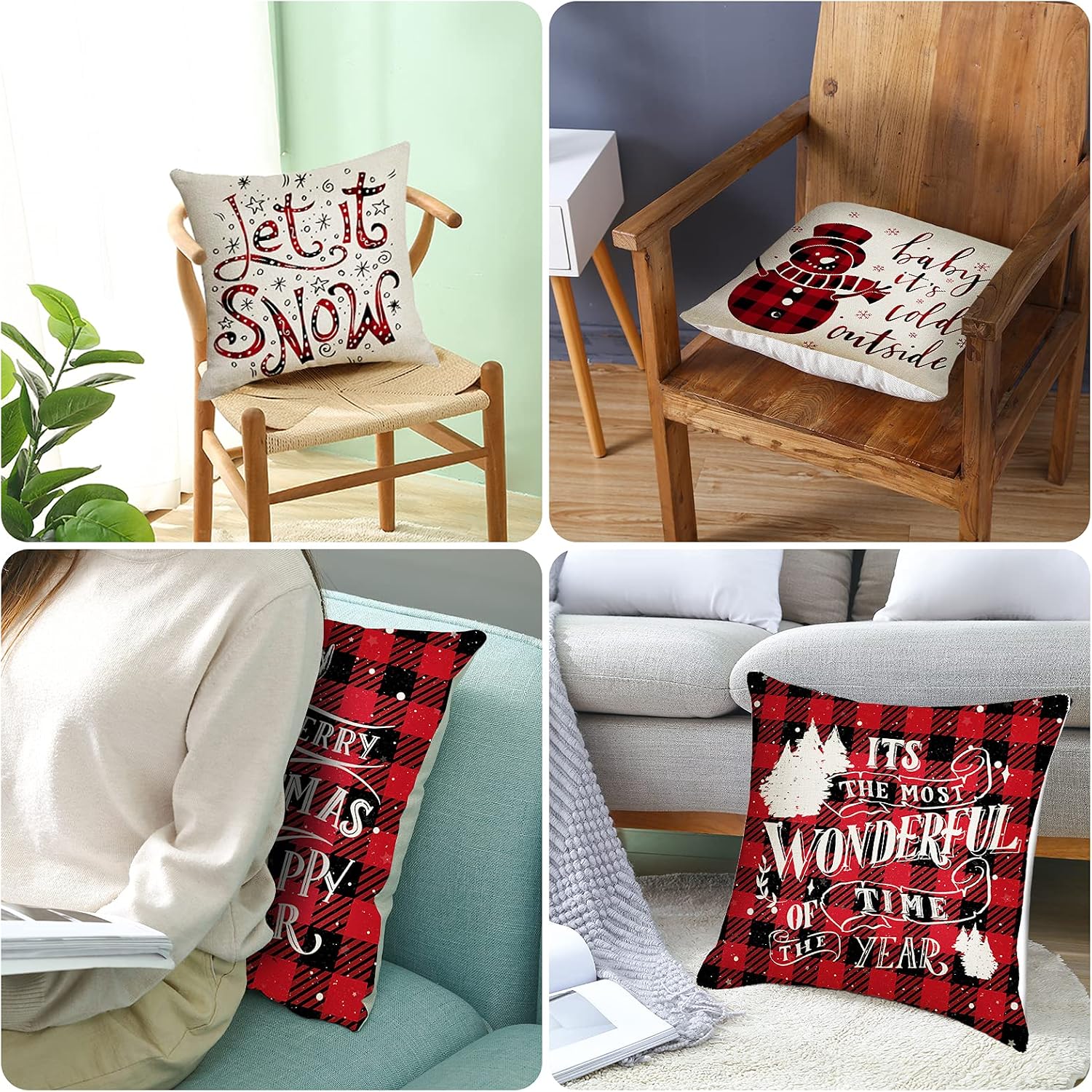 Bigqin Kerst Kussenhoezen 45x45 cm – Set van 4 Kerstkussenhoezen met Sneeuwpoppen en Rood Ruitpatroon - Afbeelding 3