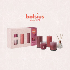 Bolsius Rustieke Kaarsen Giftset Fruit Splash Granaatappel – Geurkaars, Geurstokjes en 3 Kaarsenonderzetters