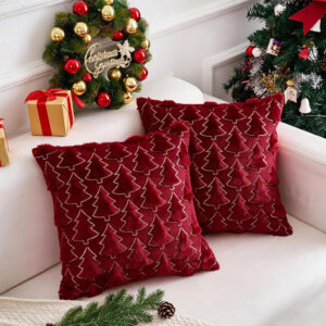 Brylleii Kerst Kussenhoezen 40x40 cm – Set van 2 Wijnrode Fluwelen Sierkussenhoezen met Kerstbomen
