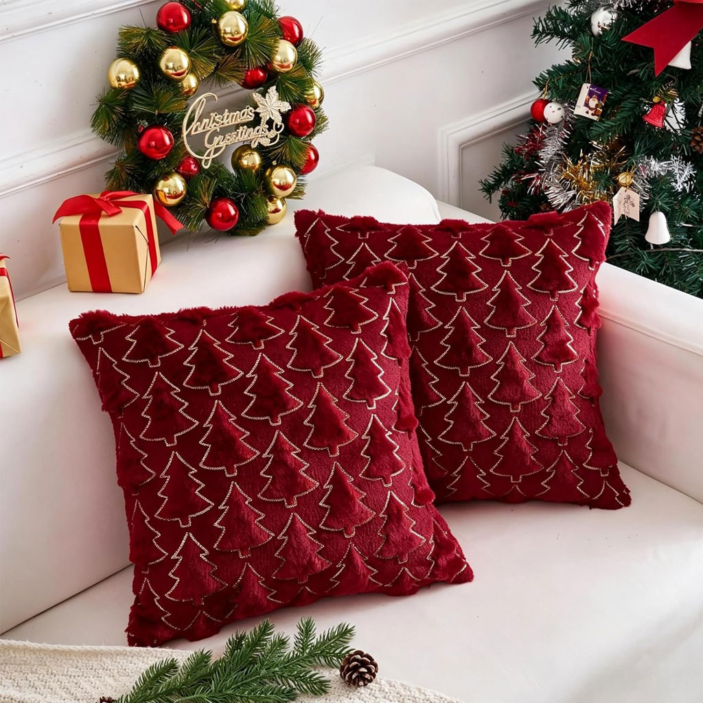 Brylleii Kerst Kussenhoezen 40x40 cm – Set van 2 Wijnrode Fluwelen Sierkussenhoezen met Kerstbomen