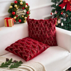 Brylleii Kerst Kussenhoezen 40x40 cm – Set van 2 Wijnrode Fluwelen Sierkussenhoezen met Kerstbomen - Afbeelding 5