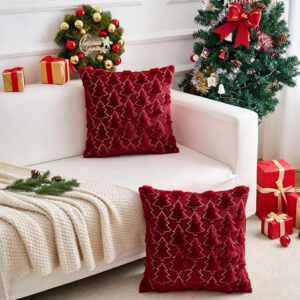 Brylleii Kerst Kussenhoezen 40x40 cm – Set van 2 Wijnrode Fluwelen Sierkussenhoezen met Kerstbomen - Afbeelding 4