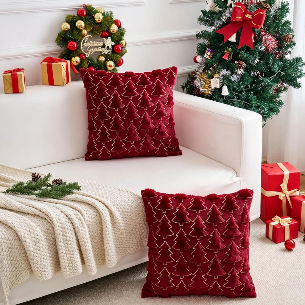 Brylleii Kerst Kussenhoezen 40x40 cm – Set van 2 Wijnrode Fluwelen Sierkussenhoezen met Kerstbomen - Afbeelding 4