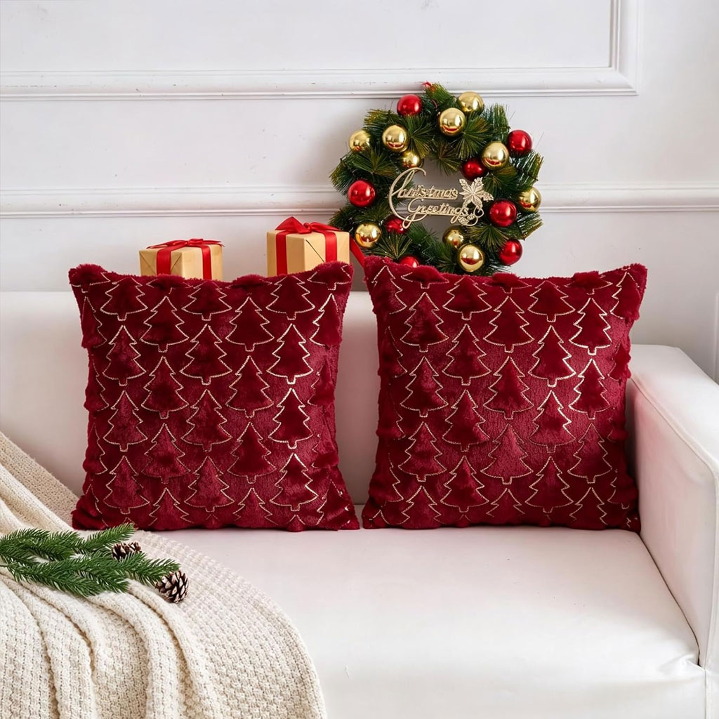 Brylleii Kerst Kussenhoezen 40x40 cm – Set van 2 Wijnrode Fluwelen Sierkussenhoezen met Kerstbomen - Afbeelding 2