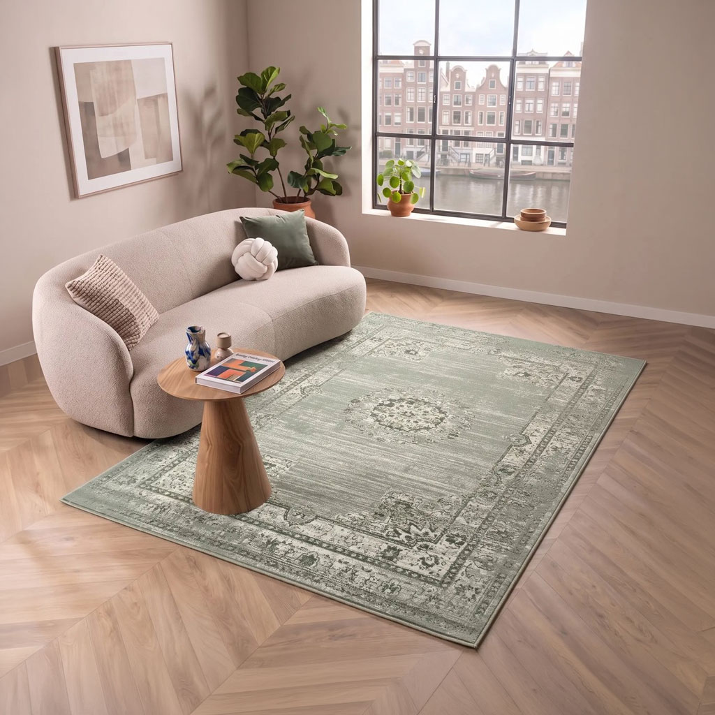 Flycarpets Antico Vintage Vloerkleed Mintgroen 140x200 cm – Laagpolig Klassiek Tapijt