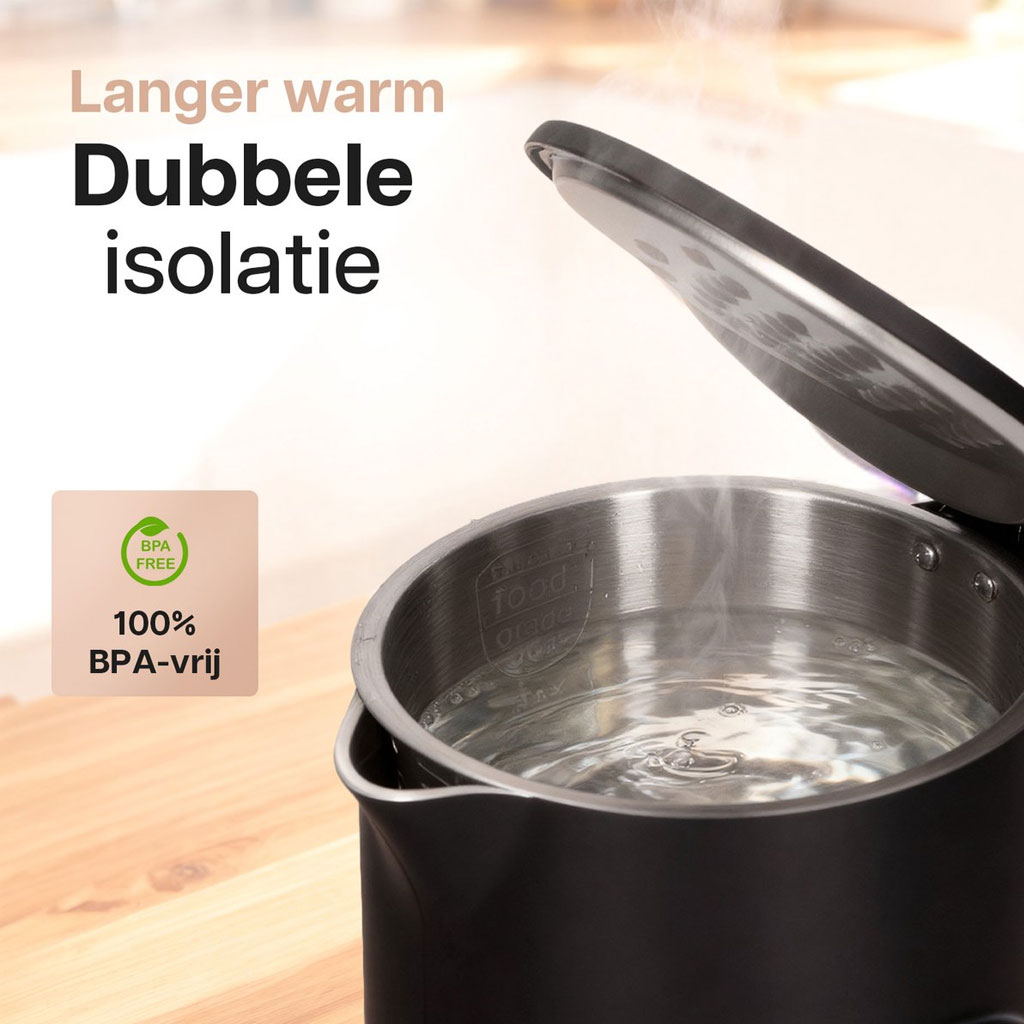 HomeShift Waterkoker 1,7 Liter 2200W Zwart – Dubbelwandig met Temperatuurregeling en Warmhoudfunctie - Afbeelding 8