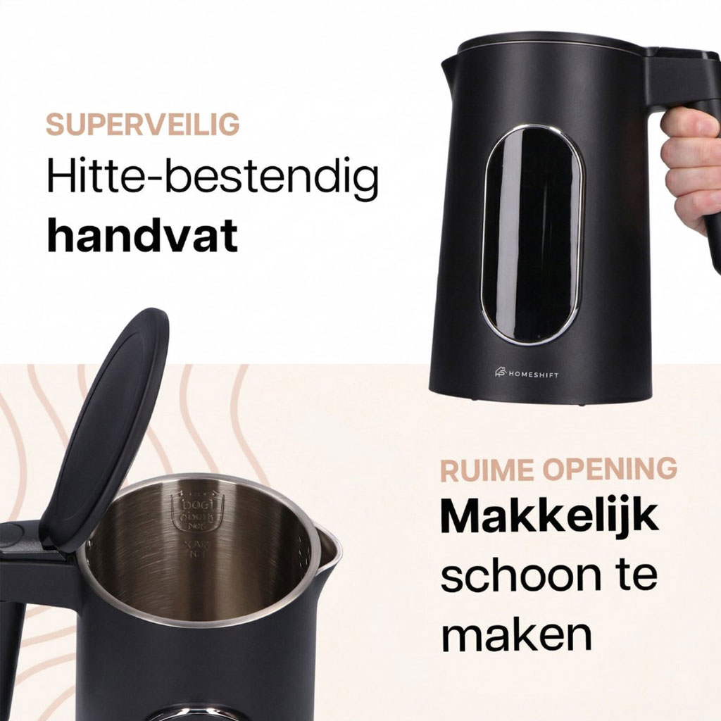 HomeShift Waterkoker 1,7 Liter 2200W Zwart – Dubbelwandig met Temperatuurregeling en Warmhoudfunctie - Afbeelding 7