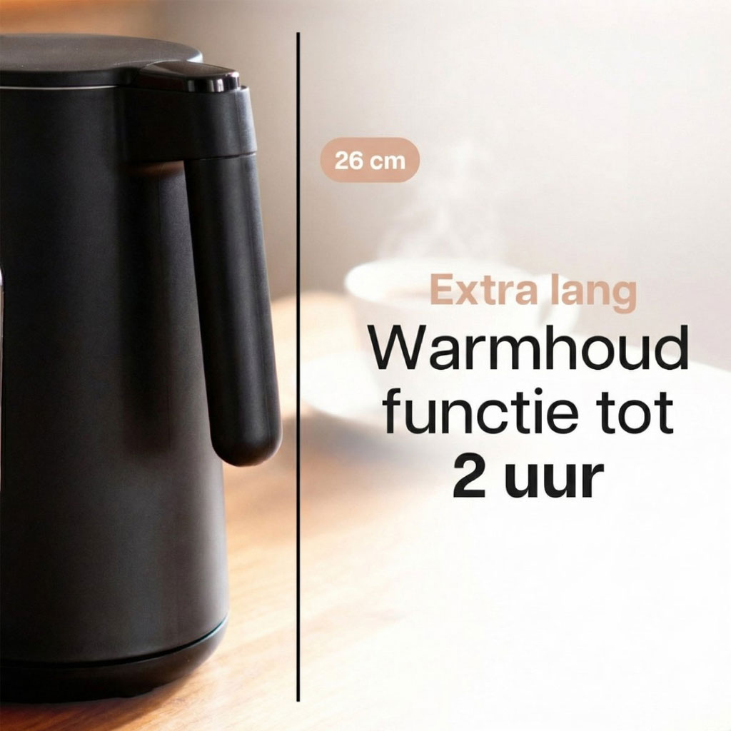 HomeShift Waterkoker 1,7 Liter 2200W Zwart – Dubbelwandig met Temperatuurregeling en Warmhoudfunctie - Afbeelding 5