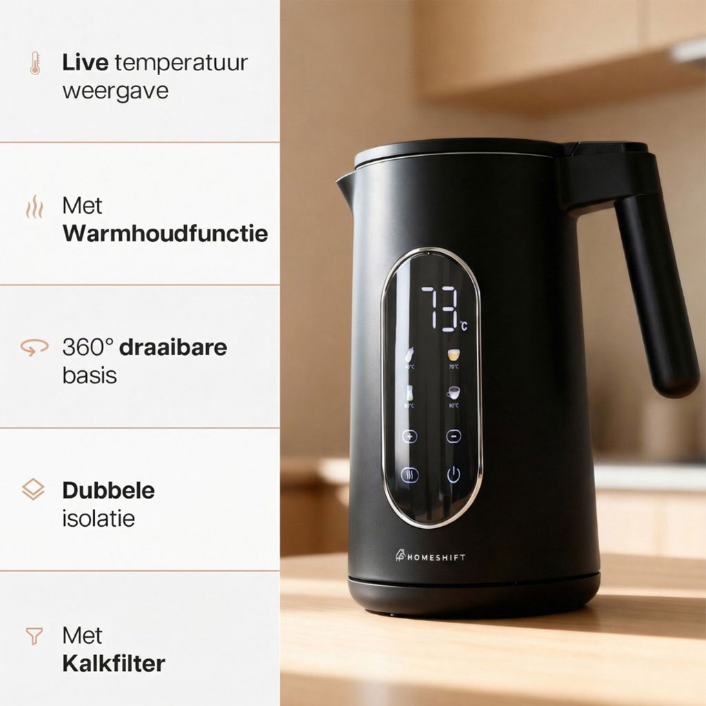 HomeShift Waterkoker 1,7 Liter 2200W Zwart – Dubbelwandig met Temperatuurregeling en Warmhoudfunctie - Afbeelding 4