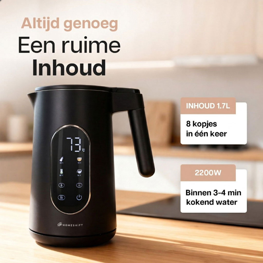 HomeShift Waterkoker 1,7 Liter 2200W Zwart – Dubbelwandig met Temperatuurregeling en Warmhoudfunctie - Afbeelding 3
