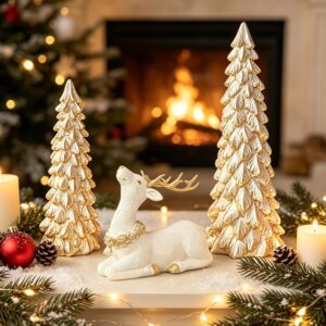 Kerstdecoratie Set van 3 – Gouden Kerstbomen en Rendierfiguur voor Tafel en Vensterbank