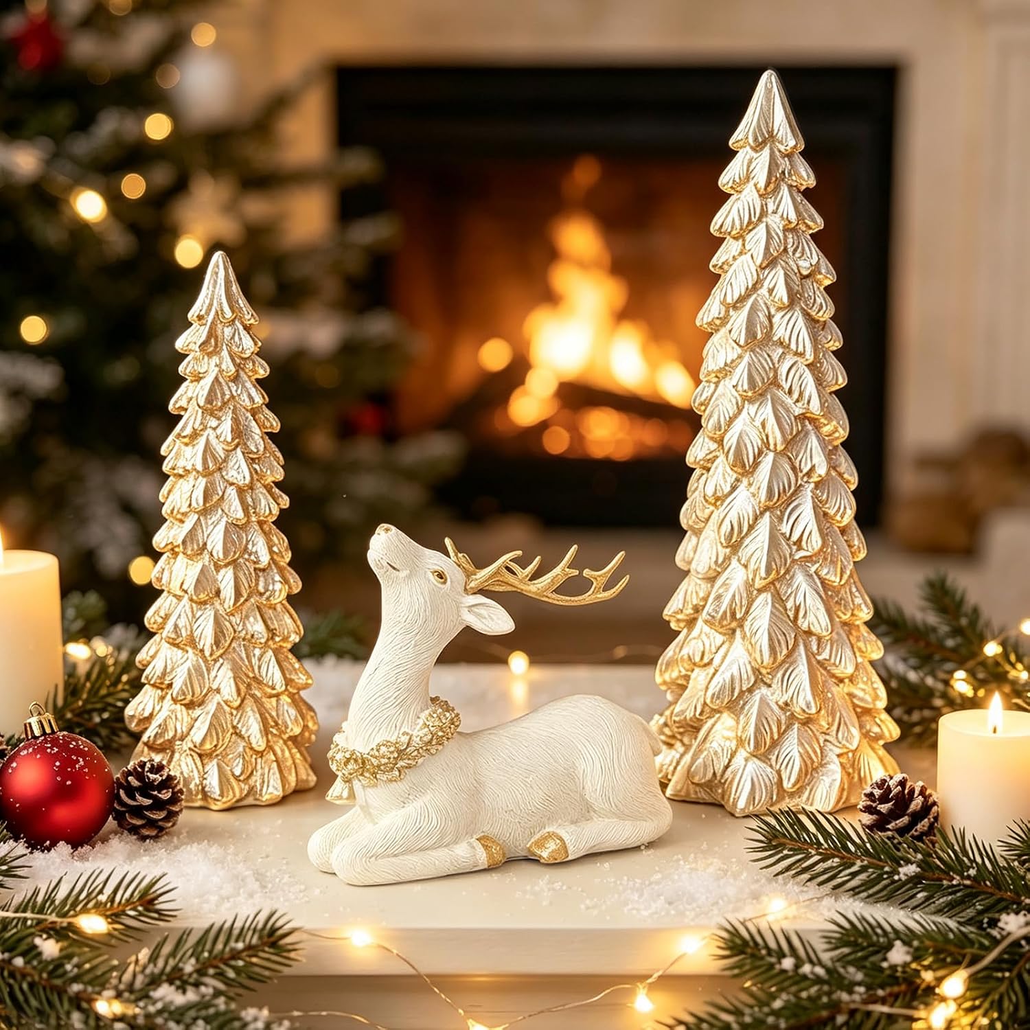 Kerstdecoratie Set van 3 – Gouden Kerstbomen en Rendierfiguur voor Tafel en Vensterbank
