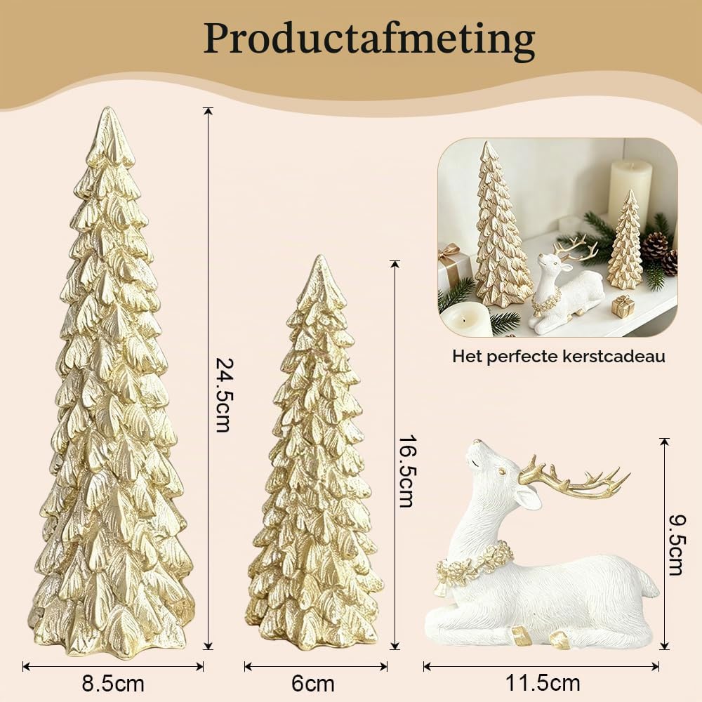 Kerstdecoratie Set van 3 – Gouden Kerstbomen en Rendierfiguur voor Tafel en Vensterbank - Afbeelding 2