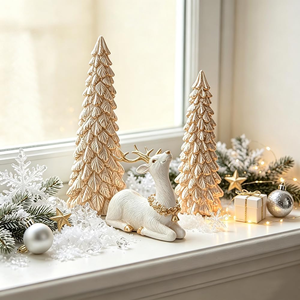 Kerstdecoratie Set van 3 – Gouden Kerstbomen en Rendierfiguur voor Tafel en Vensterbank - Afbeelding 6