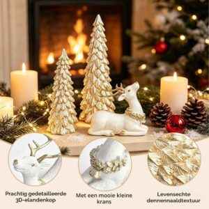Kerstdecoratie Set van 3 – Gouden Kerstbomen en Rendierfiguur voor Tafel en Vensterbank - Afbeelding 5