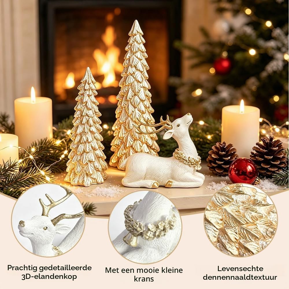 Kerstdecoratie Set van 3 – Gouden Kerstbomen en Rendierfiguur voor Tafel en Vensterbank - Afbeelding 5