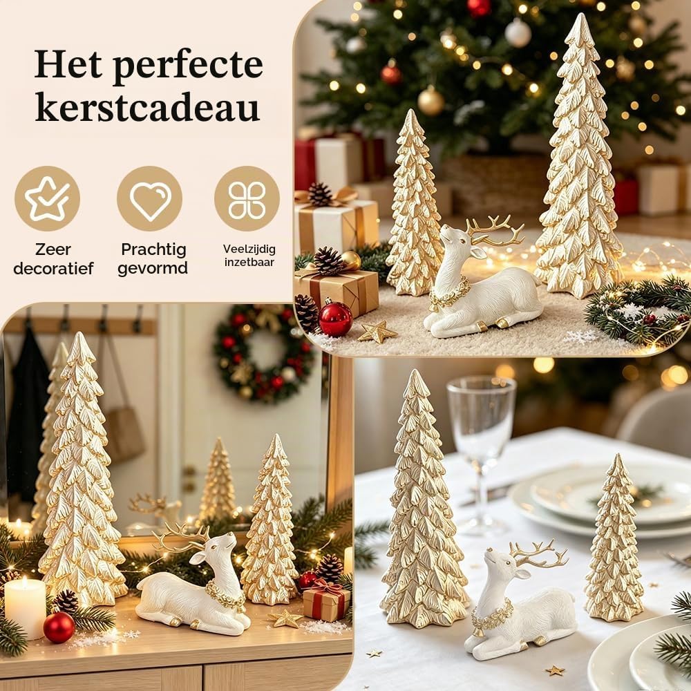 Kerstdecoratie Set van 3 – Gouden Kerstbomen en Rendierfiguur voor Tafel en Vensterbank - Afbeelding 4