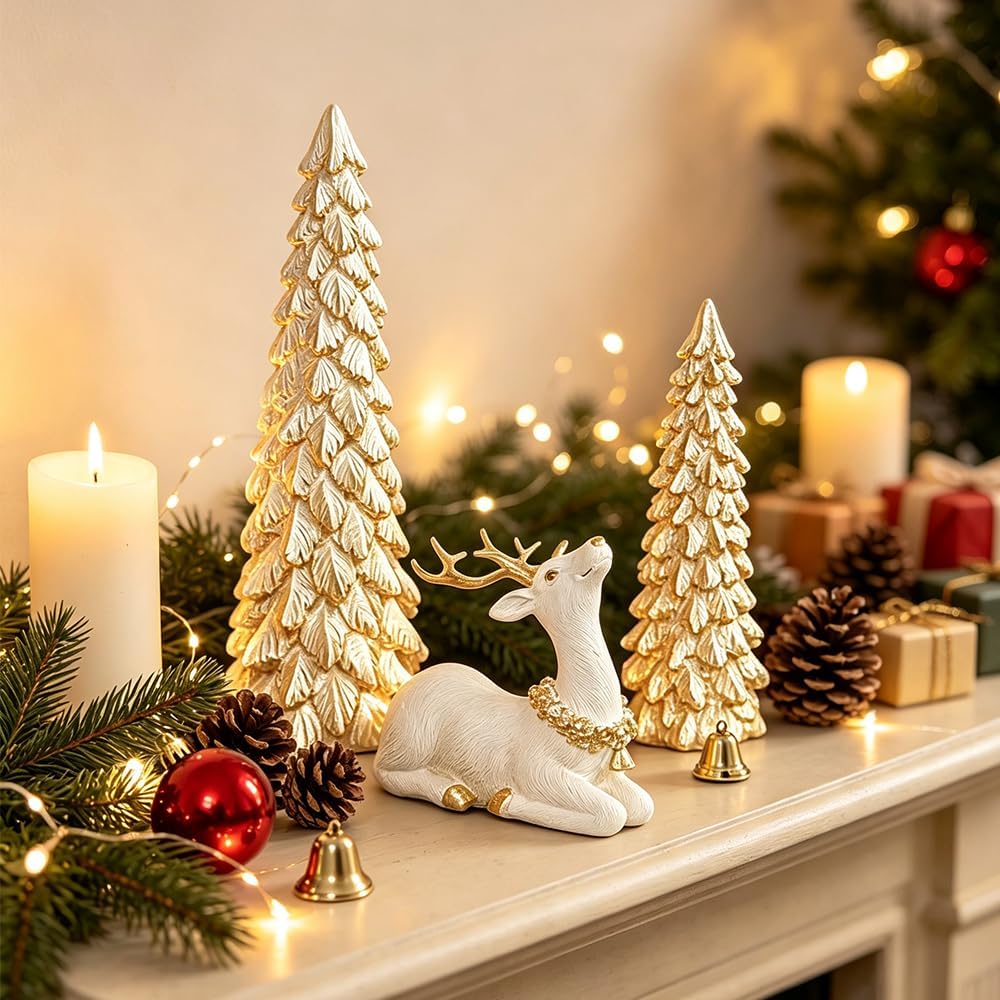 Kerstdecoratie Set van 3 – Gouden Kerstbomen en Rendierfiguur voor Tafel en Vensterbank - Afbeelding 3