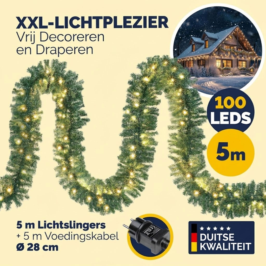 Kerstguirlande met Verlichting 5 Meter – 100 Warmwitte LED's, IP44 voor Binnen en Buiten