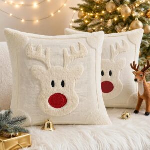 Vijamiy Kerst Kussenhoezen 45x45 cm – Set van 2 Beige Sierkussenhoezen met Rendiermotief