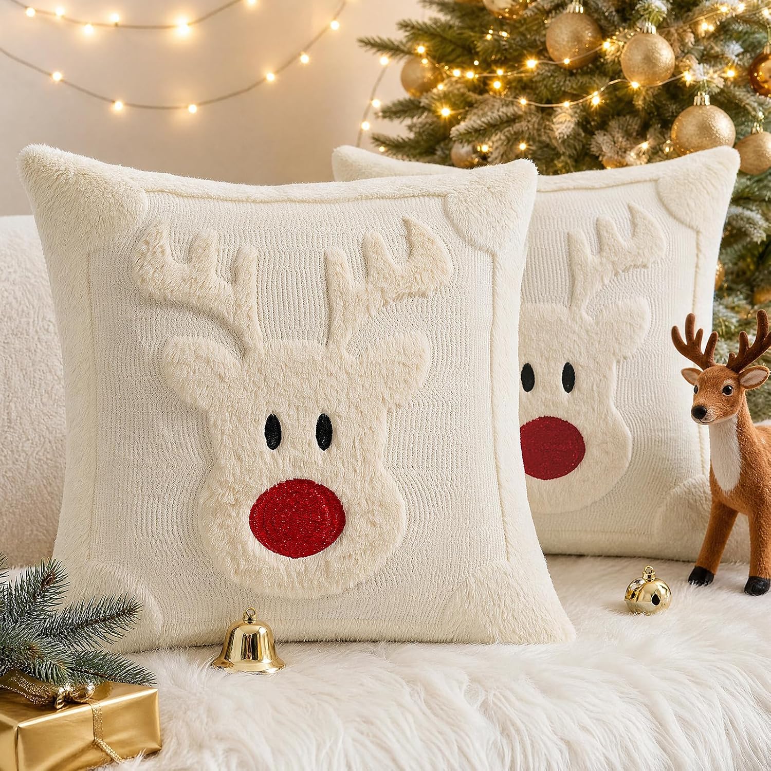 Vijamiy Kerst Kussenhoezen 45x45 cm – Set van 2 Beige Sierkussenhoezen met Rendiermotief
