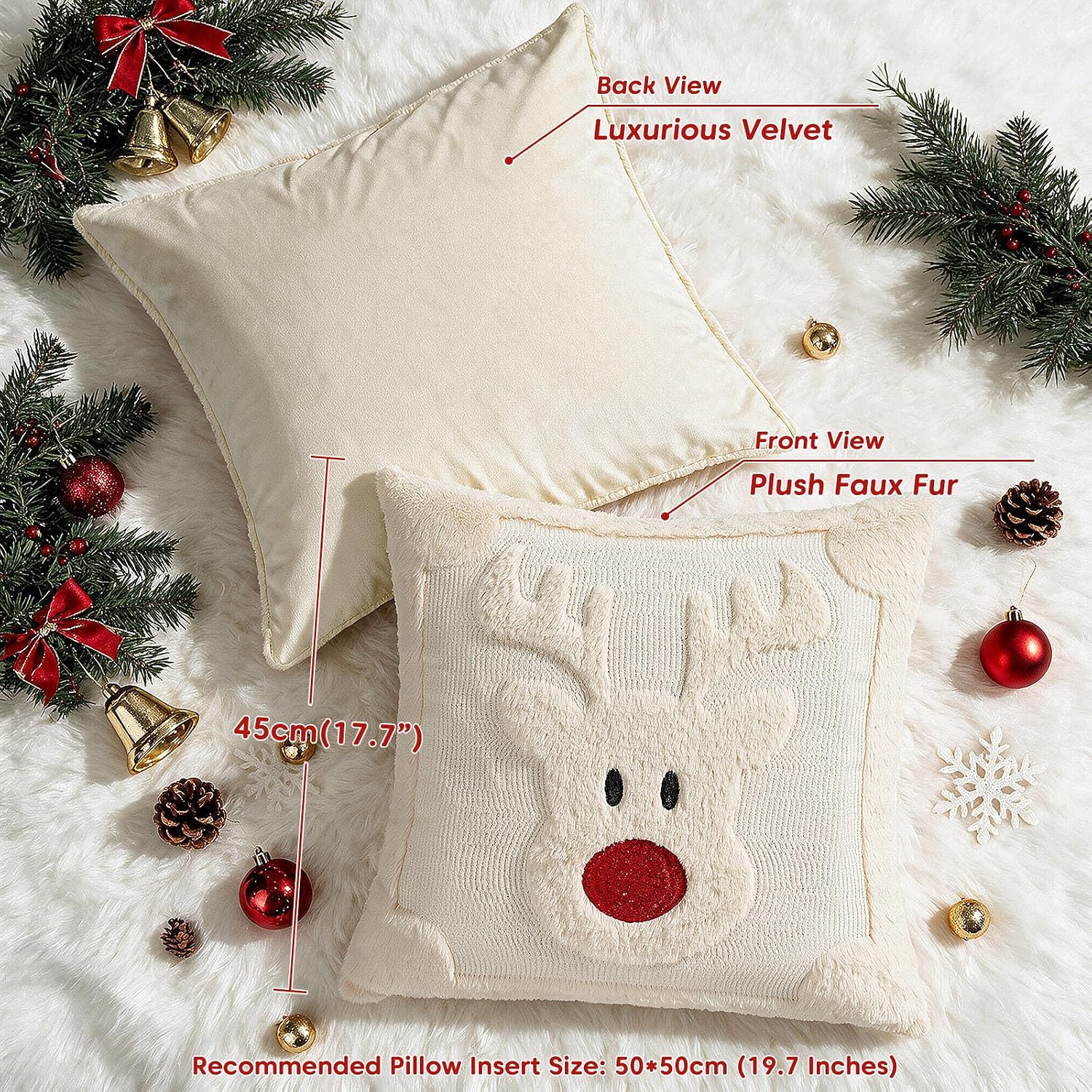 Vijamiy Kerst Kussenhoezen 45x45 cm – Set van 2 Beige Sierkussenhoezen met Rendiermotief - Afbeelding 2