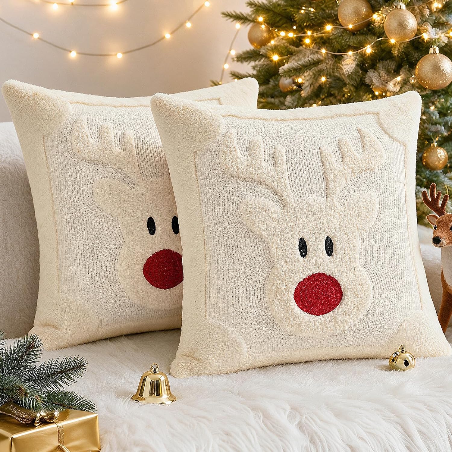 Vijamiy Kerst Kussenhoezen 45x45 cm – Set van 2 Beige Sierkussenhoezen met Rendiermotief - Afbeelding 5