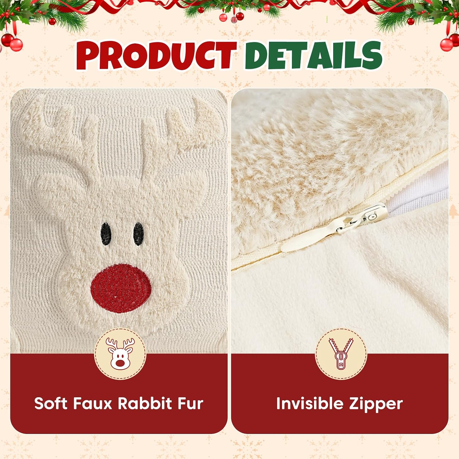 Vijamiy Kerst Kussenhoezen 45x45 cm – Set van 2 Beige Sierkussenhoezen met Rendiermotief - Afbeelding 4