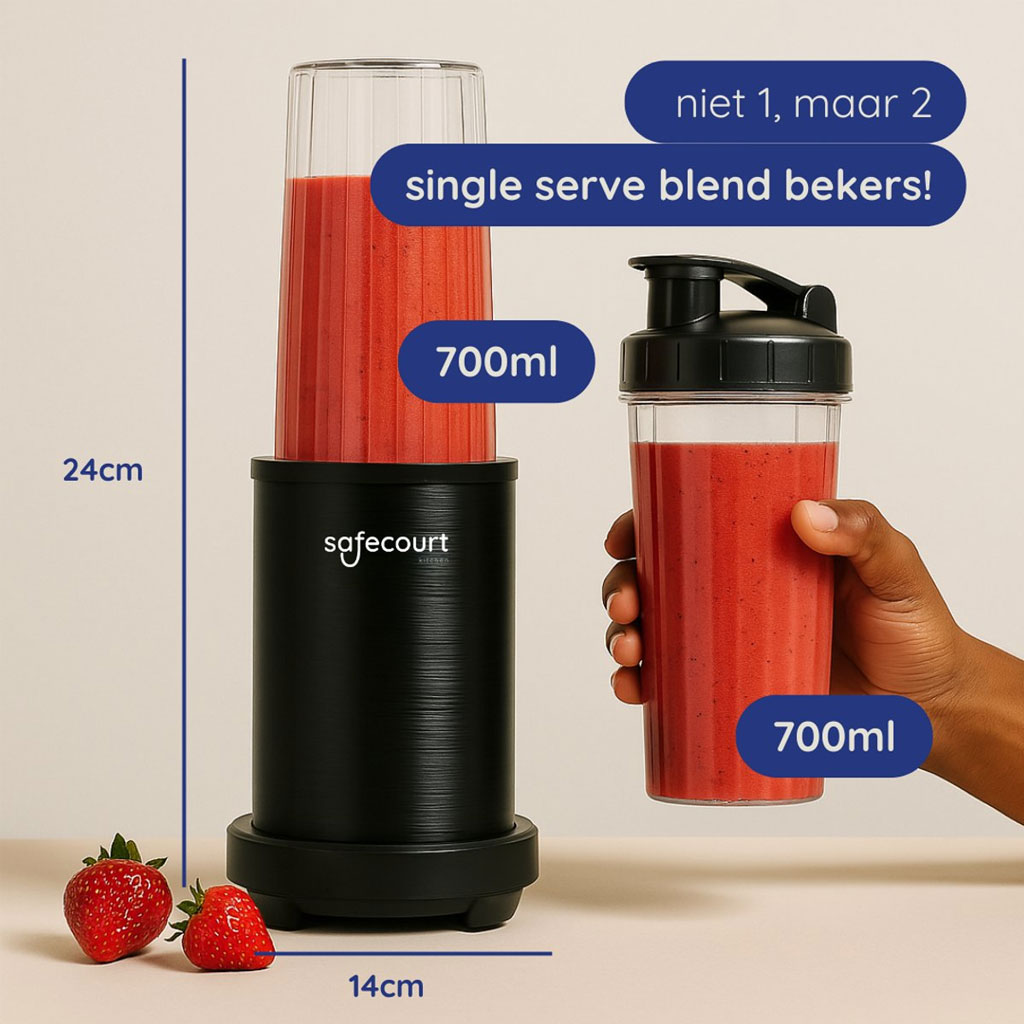 Safecourt Kitchen Power Blender 1000W Zwart – Smoothie Maker met 700 ml Beker, Extra Beker, IJscrusher en Pulsfunctie - Afbeelding 7