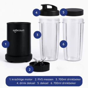Safecourt Kitchen Power Blender 1000W Zwart – Smoothie Maker met 700 ml Beker, Extra Beker, IJscrusher en Pulsfunctie - Afbeelding 5