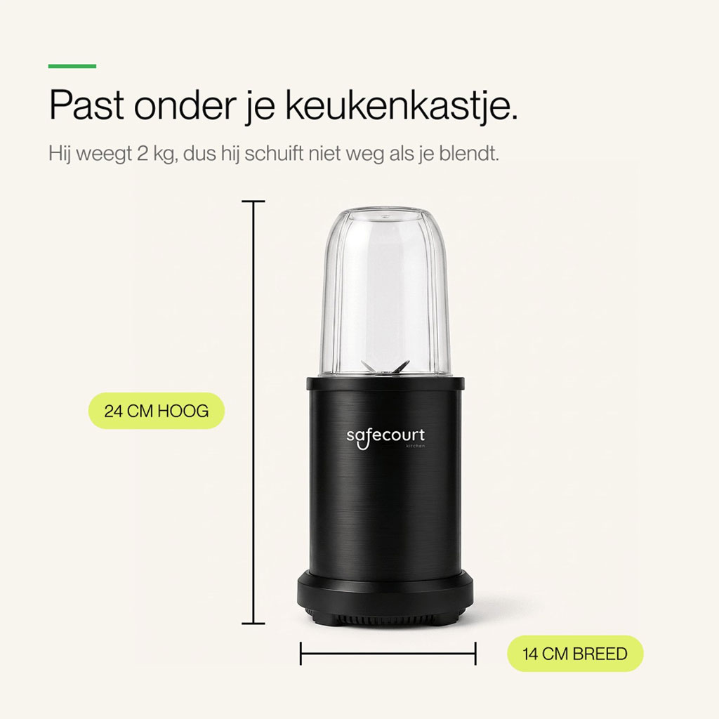 Safecourt Kitchen Power Blender 1000W Zwart – Smoothie Maker met 700 ml Beker, Extra Beker, IJscrusher en Pulsfunctie - Afbeelding 3