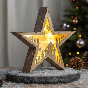 Houten LED Kerstster 30 cm met Huisjesmotief – Warmwit Verlichte Kerstdecoratie