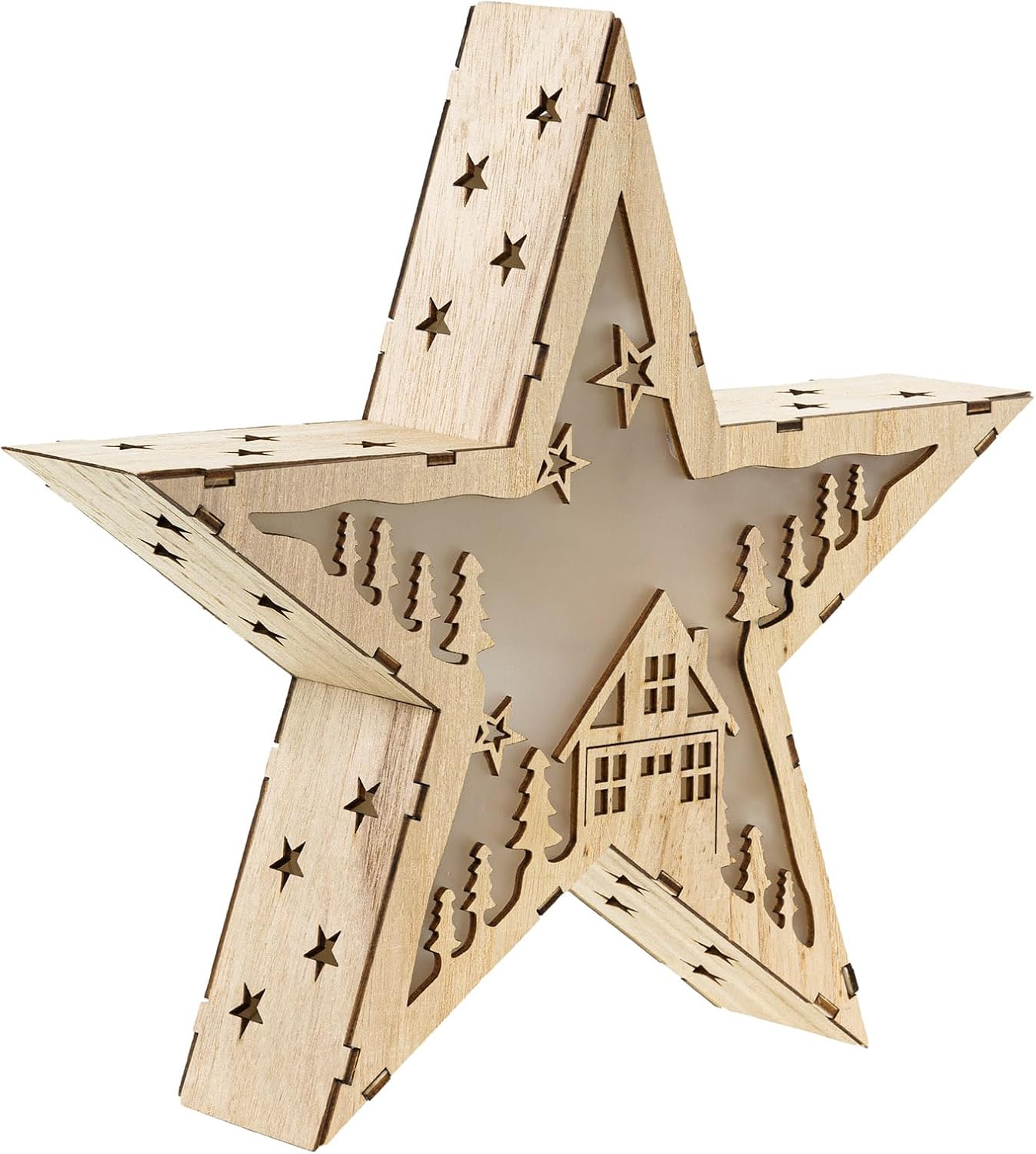 Houten LED Kerstster 30 cm met Huisjesmotief – Warmwit Verlichte Kerstdecoratie - Afbeelding 2