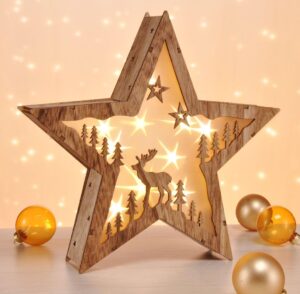 Houten LED Kerstster 30 cm met Rendier – Warmwit Verlichte Kerstdecoratie