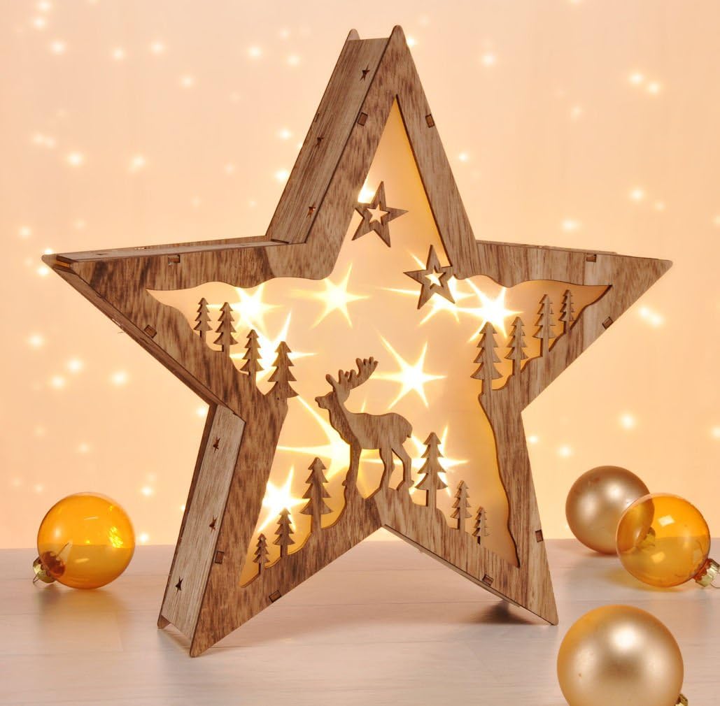Houten LED Kerstster 30 cm met Rendier – Warmwit Verlichte Kerstdecoratie