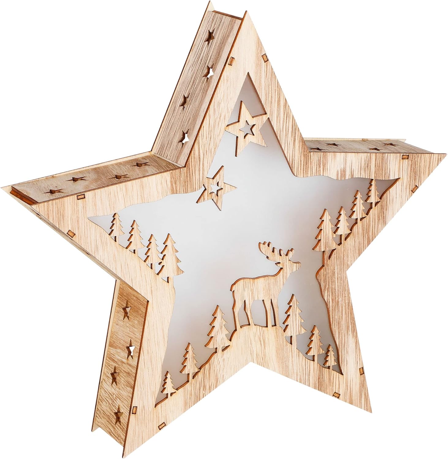Houten LED Kerstster 30 cm met Rendier – Warmwit Verlichte Kerstdecoratie - Afbeelding 2