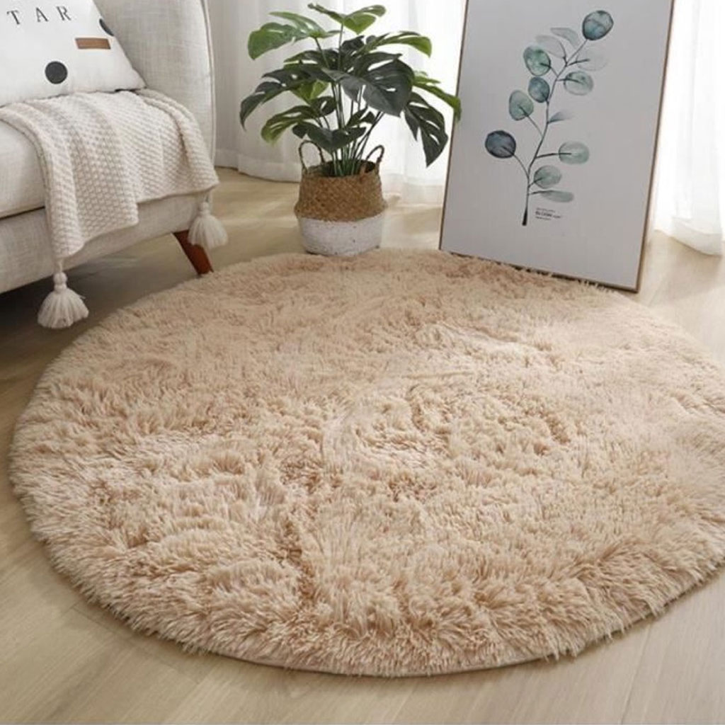 Beige Rond Hoogpolig Vloerkleed Ø 120 cm – Zacht en Pluizig voor Woonkamer en Slaapkamer - Afbeelding 3