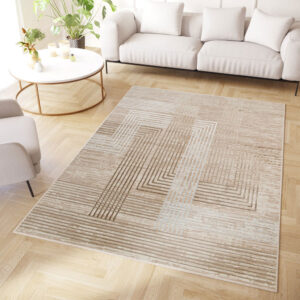 Tapiso Crystal Vloerkleed Beige Bruin 200 × 300 cm – Modern Laagpolig Tapijt met 3D-lijnpatroon