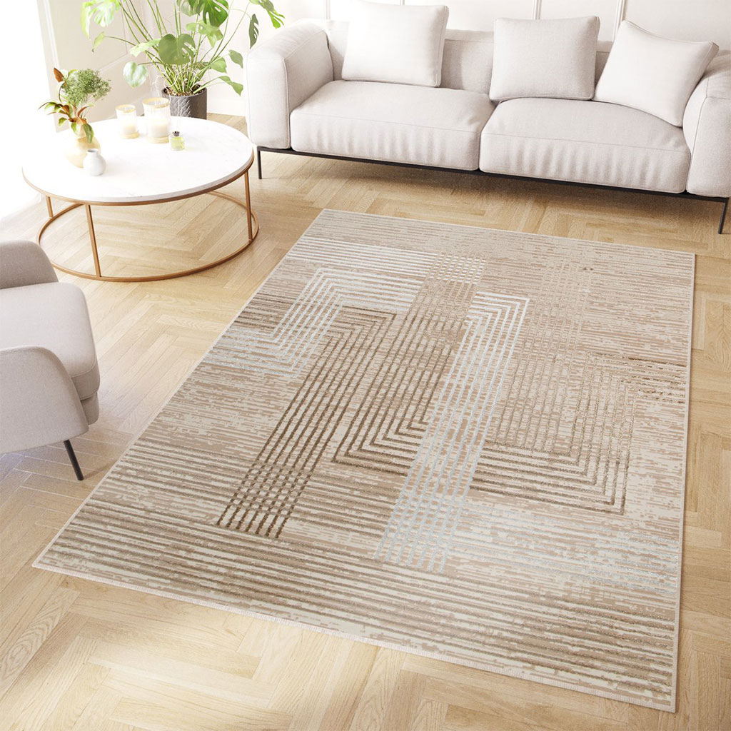 Tapiso Crystal Vloerkleed Beige Bruin 200 × 300 cm – Modern Laagpolig Tapijt met 3D-lijnpatroon