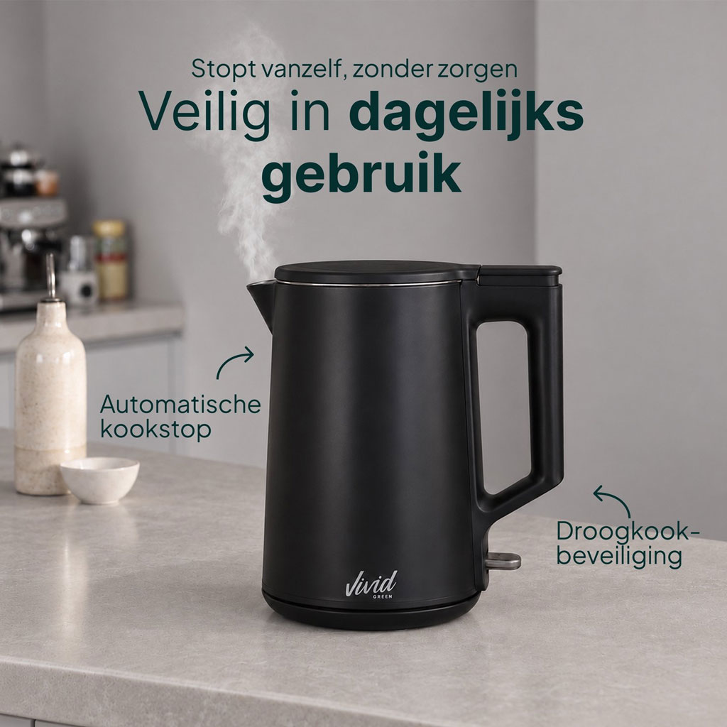 Vivid Green Waterkoker 1,7 Liter 2200W Zwart – RVS, BPA-vrij en 360° Draaibaar - Afbeelding 2